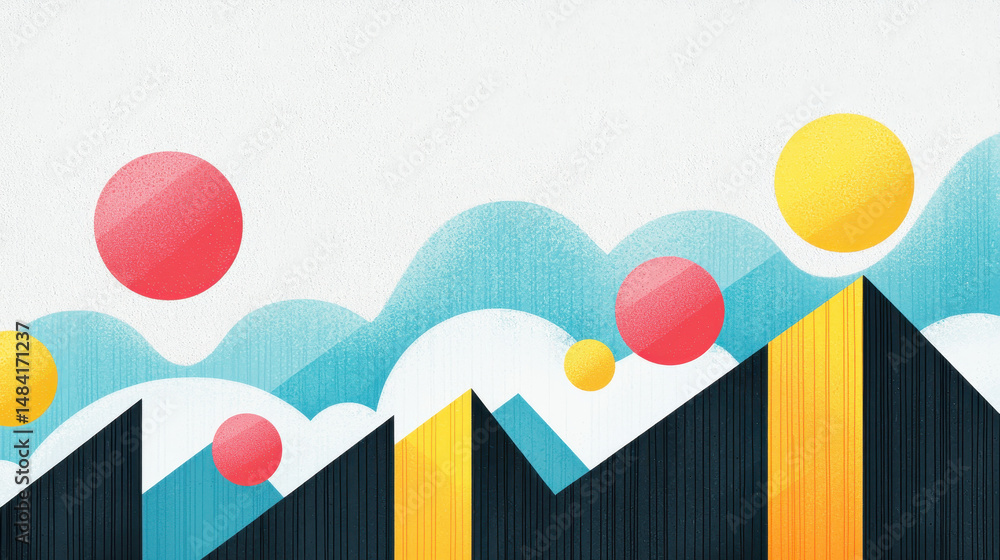 Poster abstract geometric landscape with colorful circles and mountains in a modern minimalist style for de