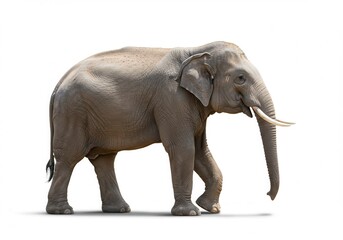 Obraz premium Asian elephant walking with trunk down on a white background in studio shot
