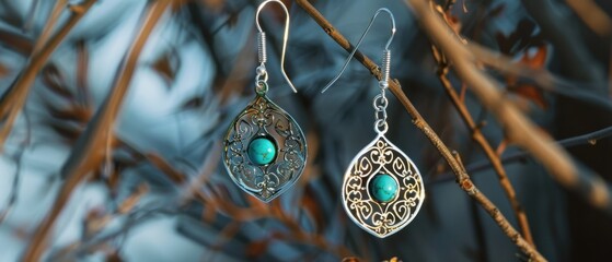 Fototapeta premium Delicate silver earrings with turquoise inlay showcase arabesque patterns in soft natural light, evoking Moroccan design.