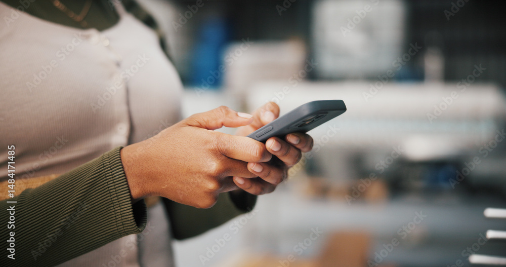 Poster hands, phone and typing with person in factory for manufacturing or production process closeup. app,