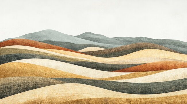 Abstract watercolor landscape painting with rolling hills in earthy tones