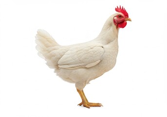 Isolated white chicken standing on a white background in a studio setting