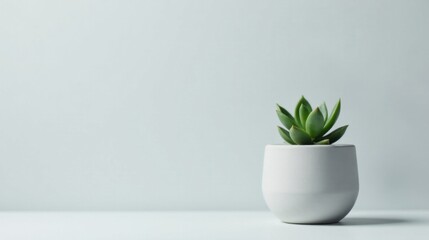 A small succulent plant in a simple, light grey pot sits on a minimalist surface against a muted background