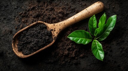 Fresh Soil Topped with Coffee Grounds and Green Leaves on Dark Surface