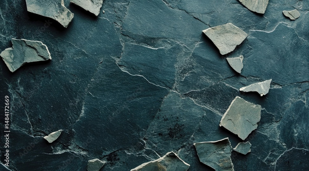 Poster dark slate surface with scattered, irregular fragments