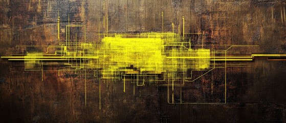 Abstract Futuristic Neon Yellow and Brown Geometric Design on Rustic Texture