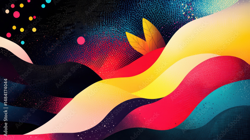 Poster abstract colorful flowing waves with vibrant splashes and textured background in a dynamic compositi