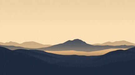 Serene mountain range at sunset, soft hues of gold and deep blue silhouettes against a pale sky