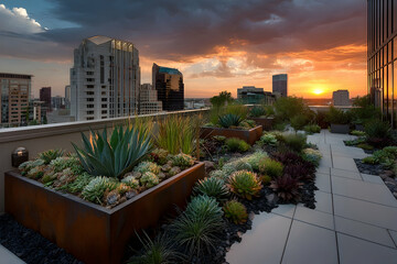 Urban rooftop garden with metal planters at sunset.