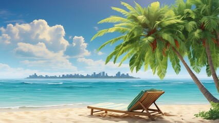 Fototapeta premium Summer Beach Cartoon Background with Palm Tree, Umbrella, and Vacation Items