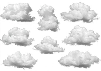 Collection of fluffy white clouds isolated on a white background, cloudscape