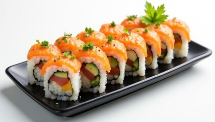 Sushi platter, vibrant rolls on white background, maki, soy sauce