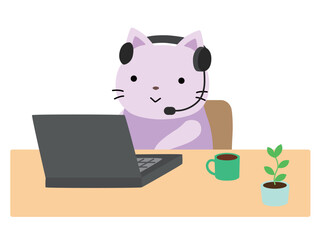 リモートワークをするネコ　主線なし