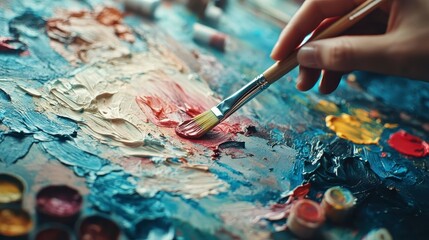 Fototapeta premium Colorful Palette with Brush and Art Supplies in Creative Studio