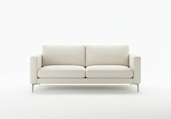 Ivory loveseat with metal legs on a white background in a studio setting