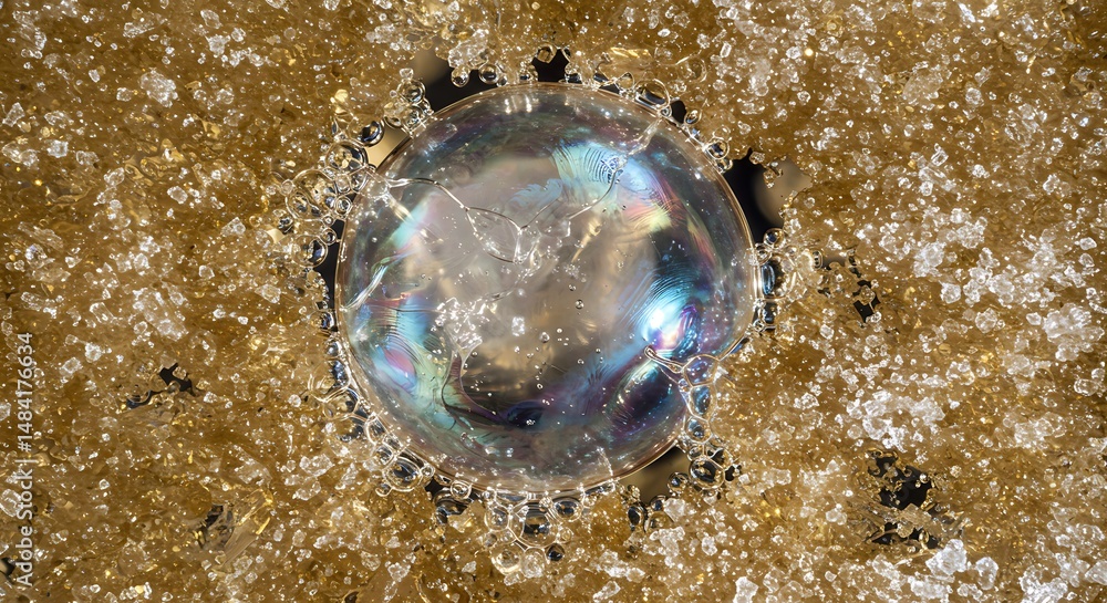 Poster an iridescent liquid droplet surrounded by textured granules creating a mesmerizing macro image with