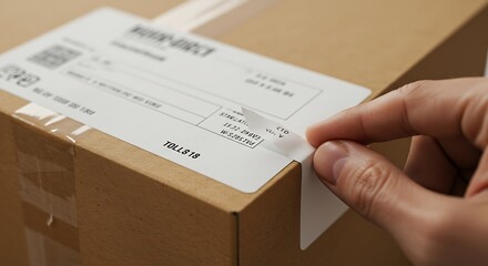 A Person Attaches a Shipping Label to the Outside of a Brown Cardboard Box to Send a Package in the Mail