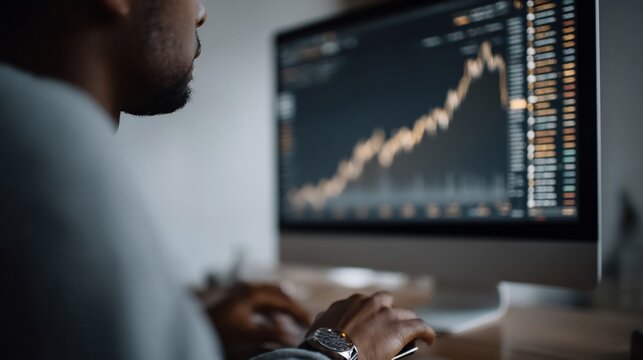 Analyst examining investment charts, financial planning and market trends overview