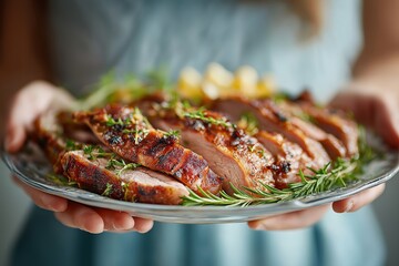 Mechoui, roasted lamb garnished with rosemary, served on silver plate. Concept of Mechoui showcases warm, cozy atmosphere with emphasis on succulent food.