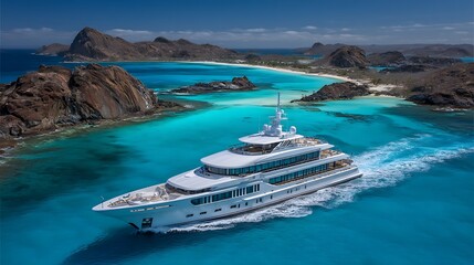 Obraz premium Luxury Yacht Cruising Turquoise Waters with Exotic Islands.