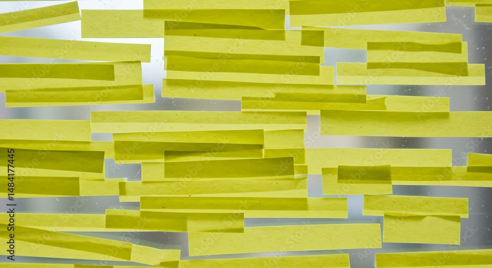 Poster an abstract composition of rectangular yellow strips overlapping on a shiny surface creating a sense