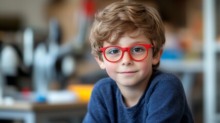 A young boy with curly blonde hair and red-framed glasses smiles gently at the camera
