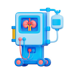 3D icon of a hemodialysis unit with control panel and blood tubing, used for kidney failure treatment by filtering waste from the blood in dialysis centers or hospitals.