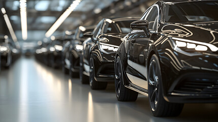 Fototapeta premium Sleek Black Luxury Cars in Modern Showroom - Automotive Industry, Innovation, Premium Vehicles