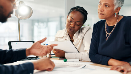 Business people, meeting and discussion with documents for research, project deadline or...
