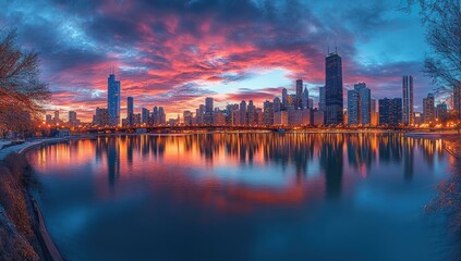 Fototapeta premium metropolitan silhouettes mirroring twilight hues painting the waterway in radiant city embrace