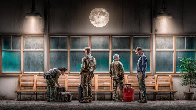 Group of Individuals Preparing for Journey Under Moonlight in a Rustic Train Station Setting