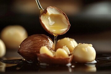 Oil droplets fall onto macadamia nuts, creating a glossy effect.