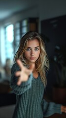Obraz premium A young woman with striking blue eyes and long blonde hair reaches out to the viewer, her gaze direct, in a cozy indoor setting with a window and plant.
