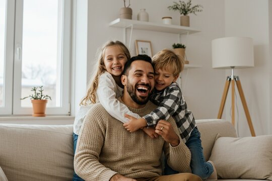 a warm and joyful moment between a father and his two children in a bright and modern living room.