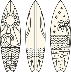 A hand-drawn style surfboard icon set with tropical and wave patterns. Ideal for summer themes, beach merchandise, sportswear, or travel illustrations.
