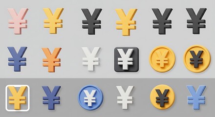 3D Rendered Yen Symbol Collection: Textured, Colorful Currency Icons