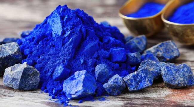 Vibrant blue pigment powder and rough stones