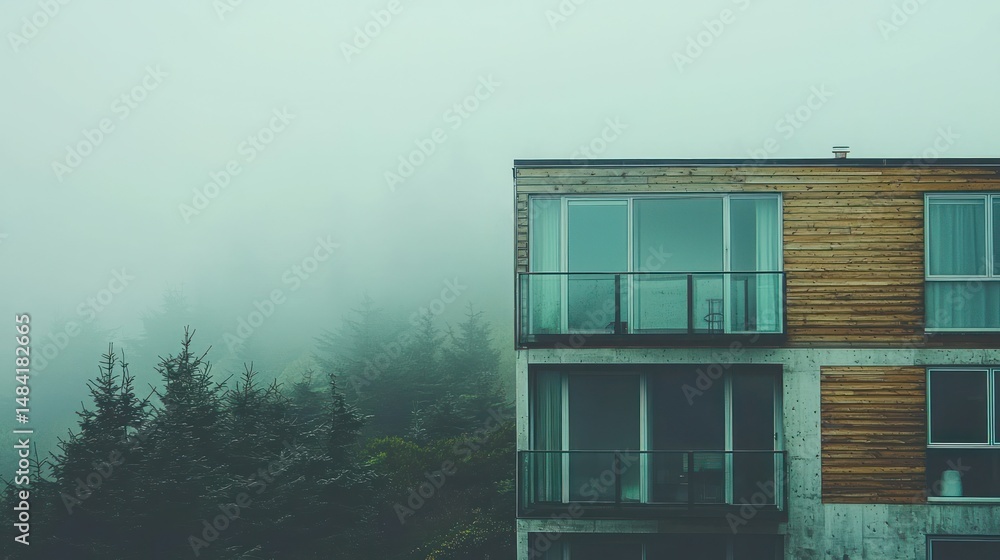 Poster modern building with trees in foggy background