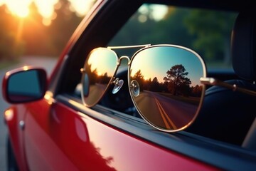 Stylish aviator sunglasses reflected in a car window, showcasing sleek design and glare reduction , glare, transport