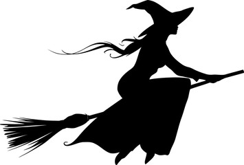 Black silhouette vector of a witch flying on a broomstick, perfect for Halloween themes, spooky decor, invitations, posters, and festive designs. The dramatic lines and mysterious pose evoke classic H