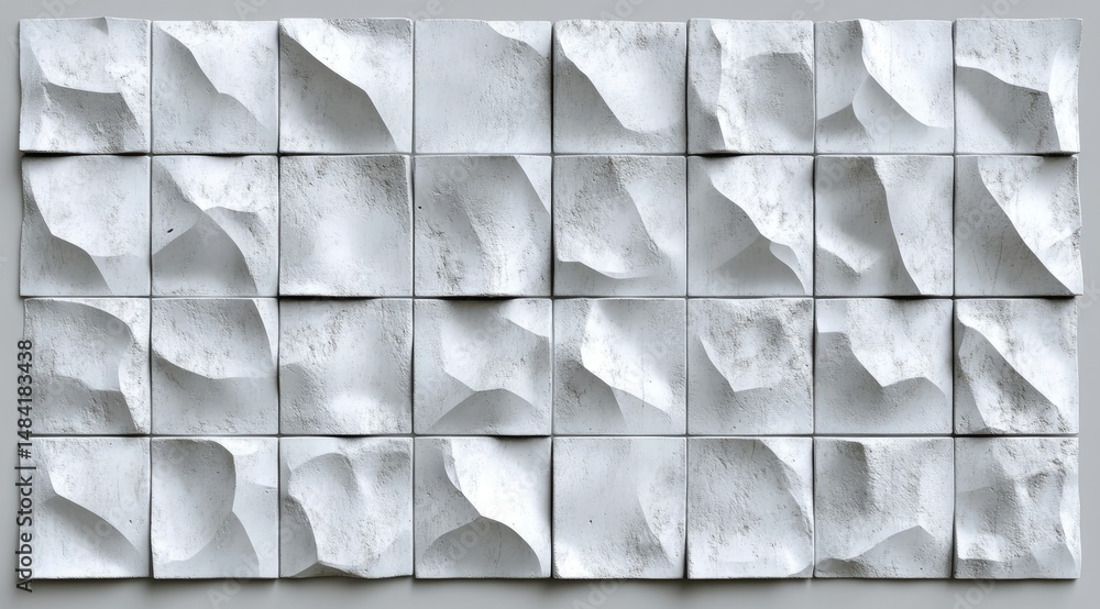 Poster white textured tiles arranged in a grid pattern, showcasing a 3d undulating surface. each tile shows