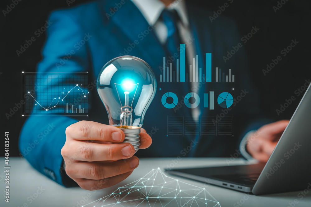 Poster a professional business analytics image featuring multiple blue and white data visualization charts 