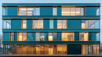 Modern teal facade with large windows glow at dusk