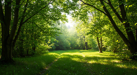 Naklejka premium Sunlit Green Forest Meadow Landscape