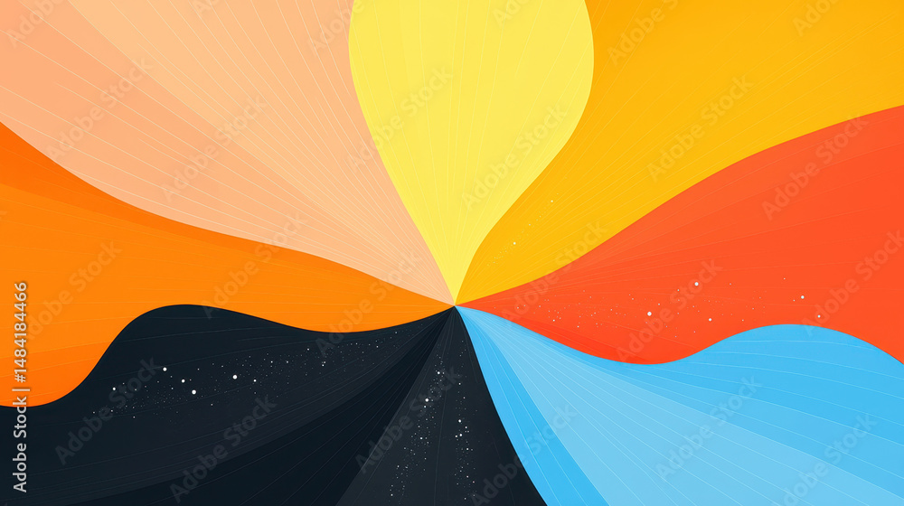 Poster abstract colorful flowing shapes with vibrant orange yellow blue black and cream hues creating dynam