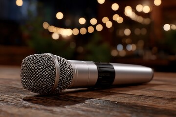 Obraz premium Microphone on wooden table, nighttime setting