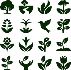 A modern vector set of various green plants, leaves, and organic elements. Perfect for eco-friendly themes, nature illustrations, sustainable design, and gardening content.