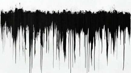 Abstract black ink drips on white background, creating a textured, horizontal composition