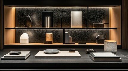 Objects displayed on shelves and counters