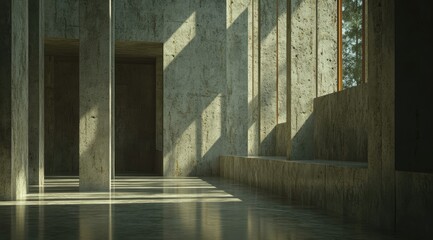 Obraz premium Sunlit concrete interior with columns, doorways, and window